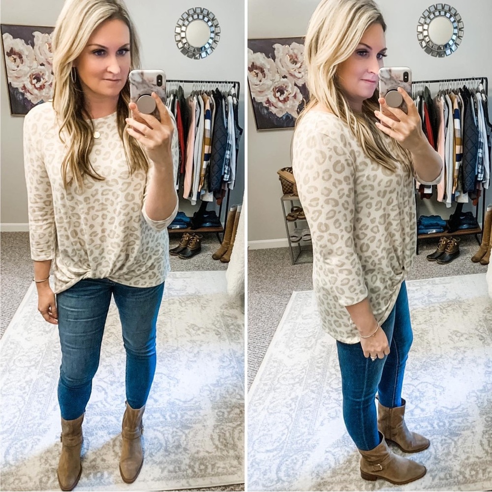Gibson Cozy Twist Front Leopard Print Pullover